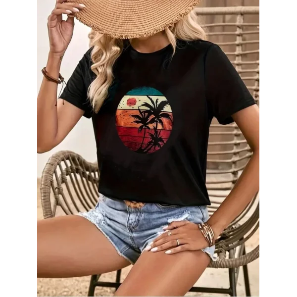 Kadın Kısa Kollu Palmiye Baskılı Viskon Tshirt