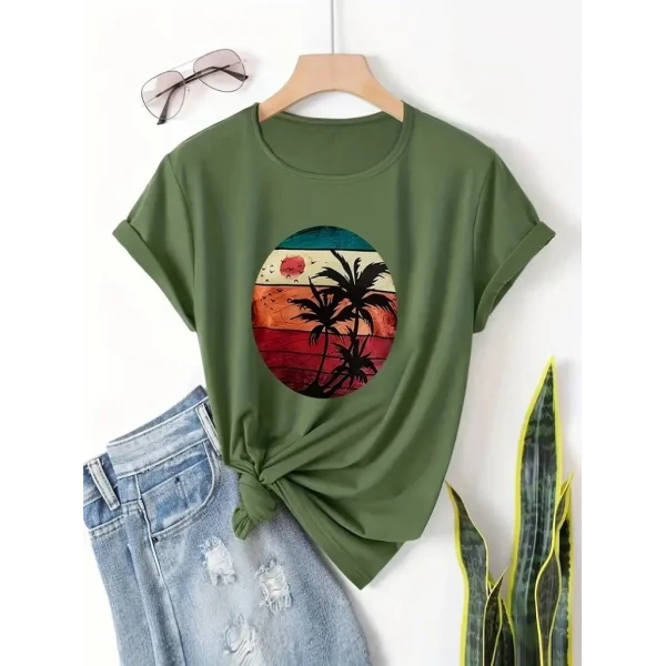 Kadın Kısa Kollu Palmiye Baskılı Viskon Tshirt