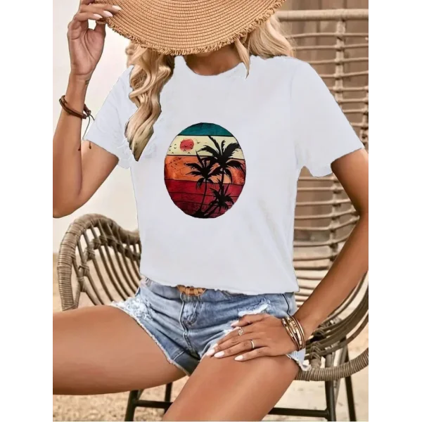 Kadın Kısa Kollu Palmiye Baskılı Viskon Tshirt