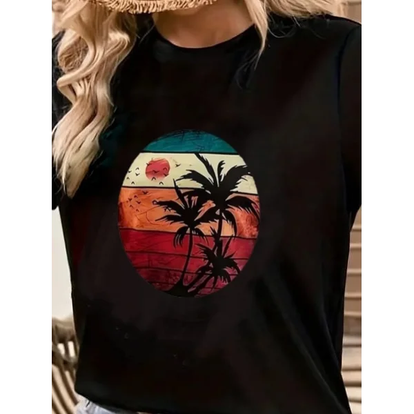 Kadın Kısa Kollu Palmiye Baskılı Viskon Tshirt