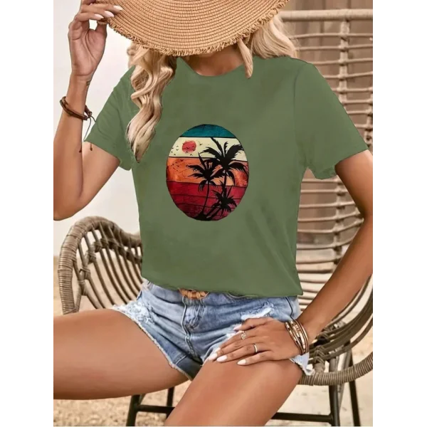 Kadın Kısa Kollu Palmiye Baskılı Viskon Tshirt