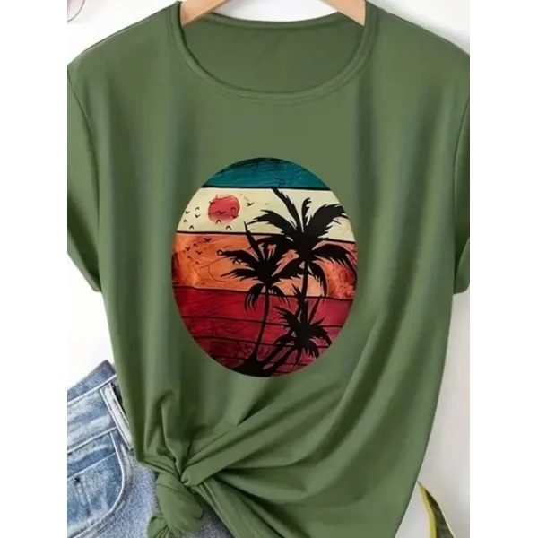 Kadın Kısa Kollu Palmiye Baskılı Viskon Tshirt