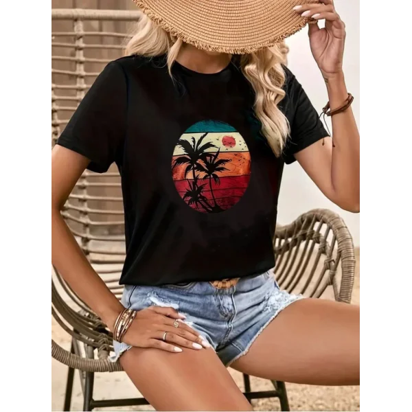 Kadın Kısa Kollu Palmiye Baskılı Viskon Tshirt