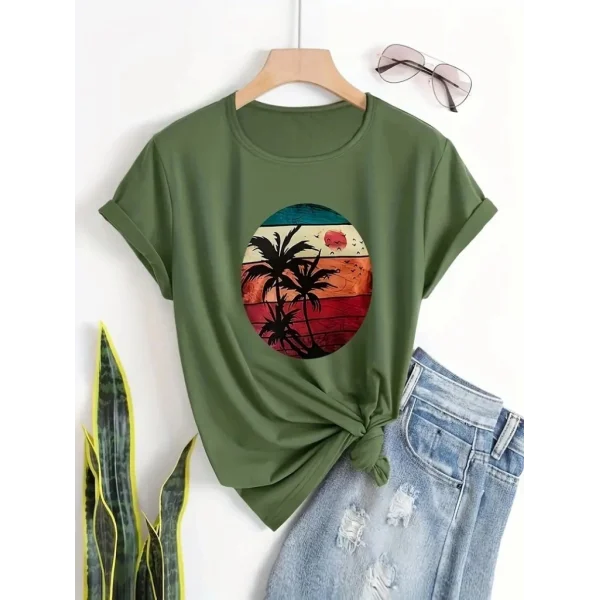 Kadın Kısa Kollu Palmiye Baskılı Viskon Tshirt