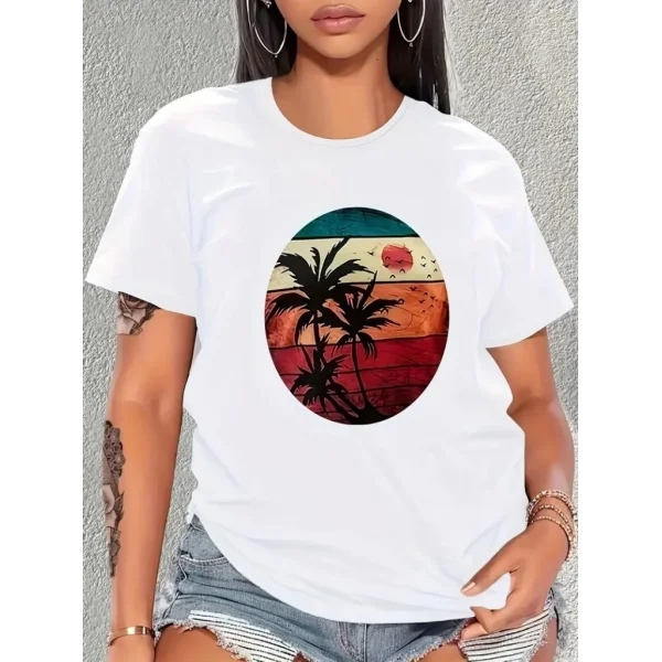 Kadın Kısa Kollu Palmiye Baskılı Viskon Tshirt