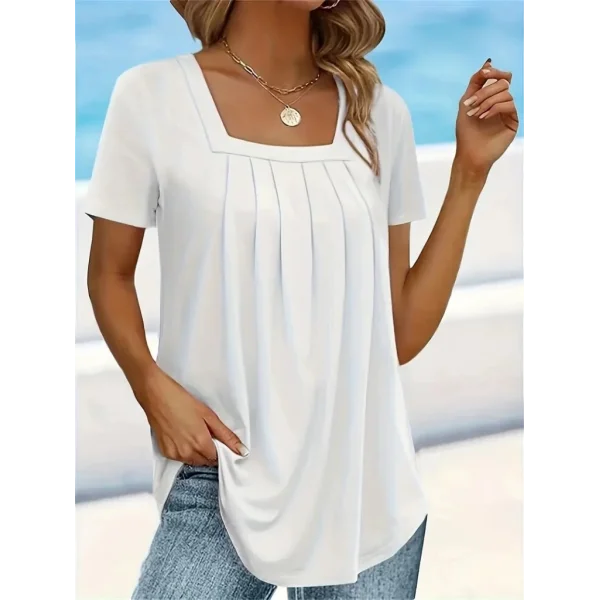 Kadın Kısa Kollu Pileli Kare Yaka Salaş Viskon Tshirt