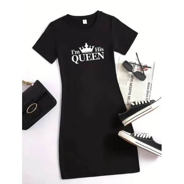 Kadın Kısa Kollu Queen Baskı Iki Iplik Mini Elbise