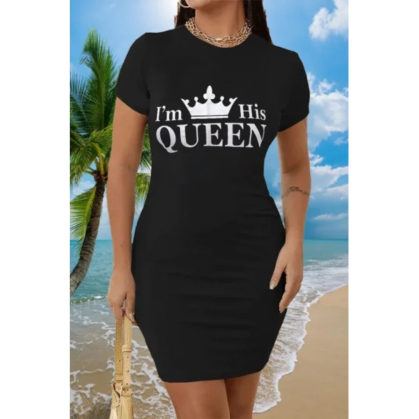 Kadın Kısa Kollu Queen Baskı Iki Iplik Mini Elbise
