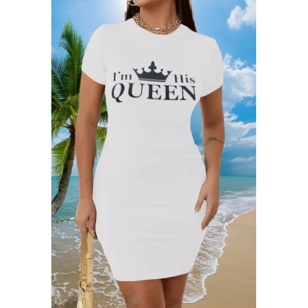 Kadın Kısa Kollu Queen Baskı Iki Iplik Mini Elbise