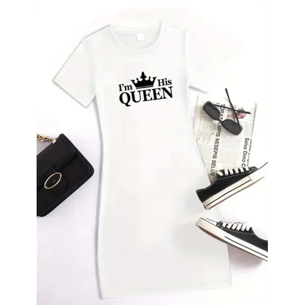 Kadın Kısa Kollu Queen Baskı Iki Iplik Mini Elbise