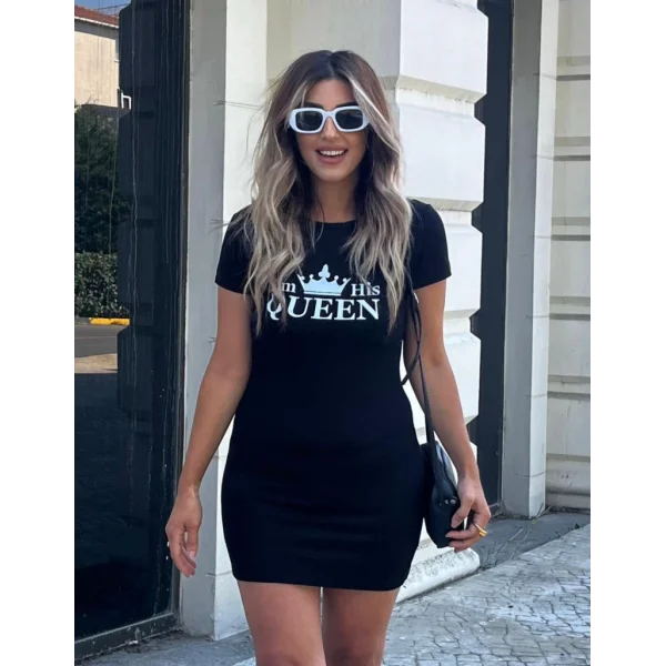 Kadın Kısa Kollu Queen Baskı Iki Iplik Mini Elbise
