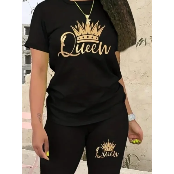 Kadın Kısa Kollu Queen Baskı Viskon Ikili Takım