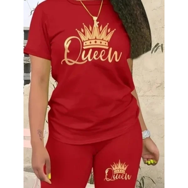 Kadın Kısa Kollu Queen Baskı Viskon Ikili Takım