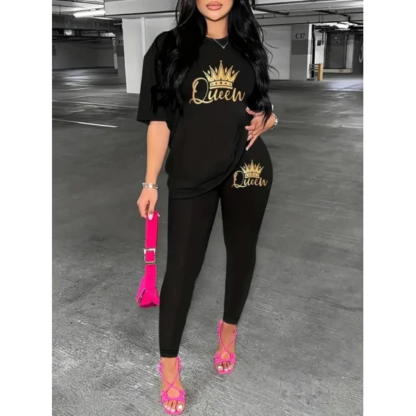 Kadın Kısa Kollu Queen Baskı Viskon Ikili Takım