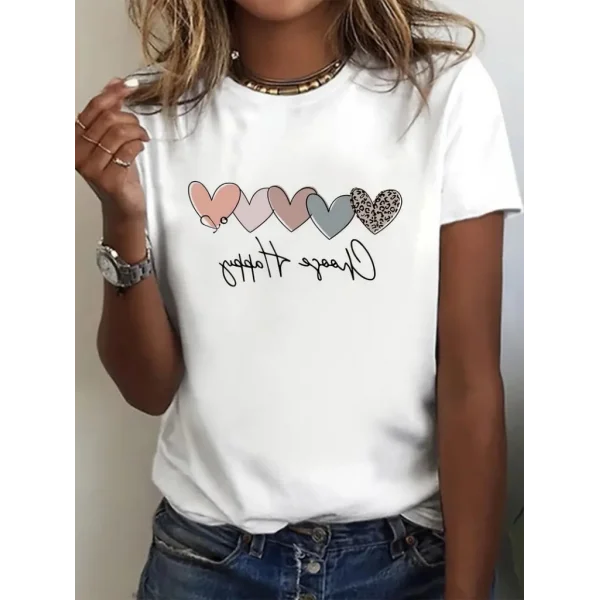 Kadın Kısa Kollu Renkli Kalp Baskılı Süprem Tshirt