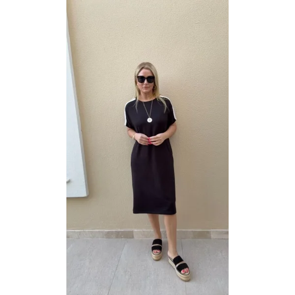 Kadın Kısa Kollu şerit Detay Midi Boy Elbise