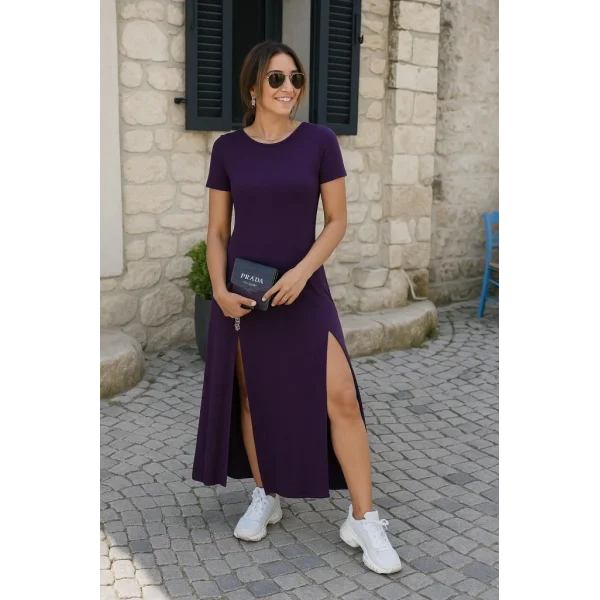 Kadın Kısa Kollu Sırt Dekolteli Yırtmaç Detaylı Viskon Elbise