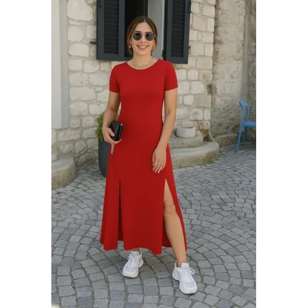 Kadın Kısa Kollu Sırt Dekolteli Yırtmaç Detaylı Viskon Elbise