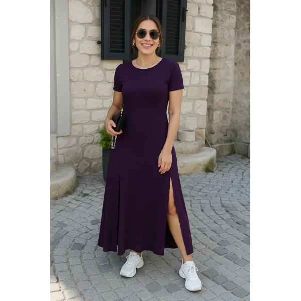 Kadın Kısa Kollu Sırt Dekolteli Yırtmaç Detaylı Viskon Elbise