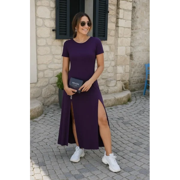 Kadın Kısa Kollu Sırt Dekolteli Yırtmaç Detaylı Viskon Elbise