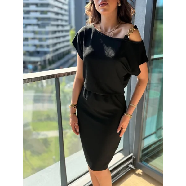 Kadın Kısa Kollu Tek Omuz Askı Ve Aksesuar Detay Beli Lastikli Krep Elbise