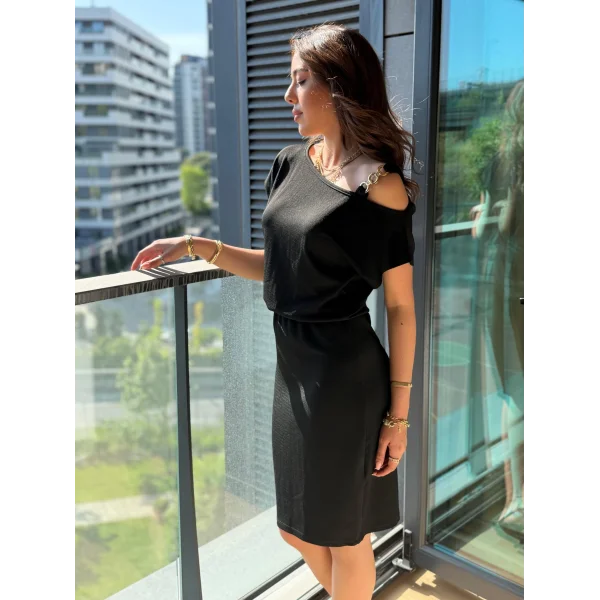 Kadın Kısa Kollu Tek Omuz Askı Ve Aksesuar Detay Beli Lastikli Krep Elbise