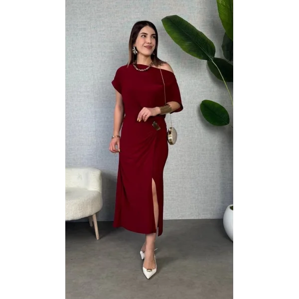 Kadın Kısa Kollu Tek Omuzdan Açık Beli Lastikli Sandy Maxi Elbise