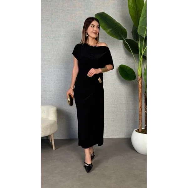 Kadın Kısa Kollu Tek Omuzdan Açık Beli Lastikli Sandy Maxi Elbise