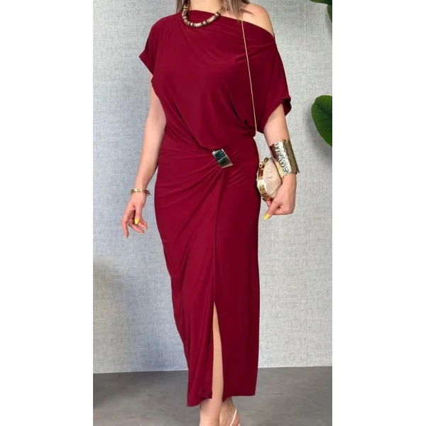 Kadın Kısa Kollu Tek Omuzdan Açık Beli Lastikli Sandy Maxi Elbise