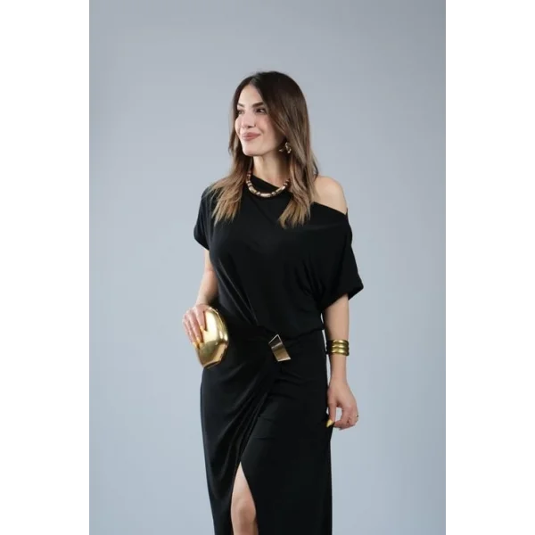 Kadın Kısa Kollu Tek Omuzdan Açık Beli Lastikli Sandy Maxi Elbise