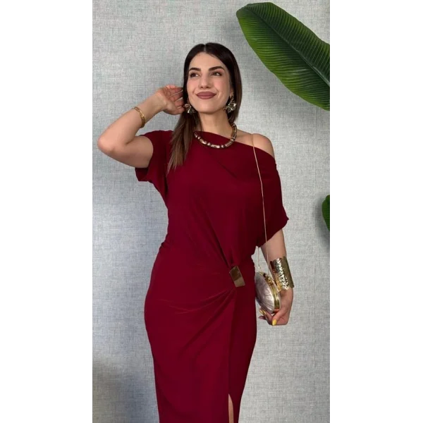 Kadın Kısa Kollu Tek Omuzdan Açık Beli Lastikli Sandy Maxi Elbise