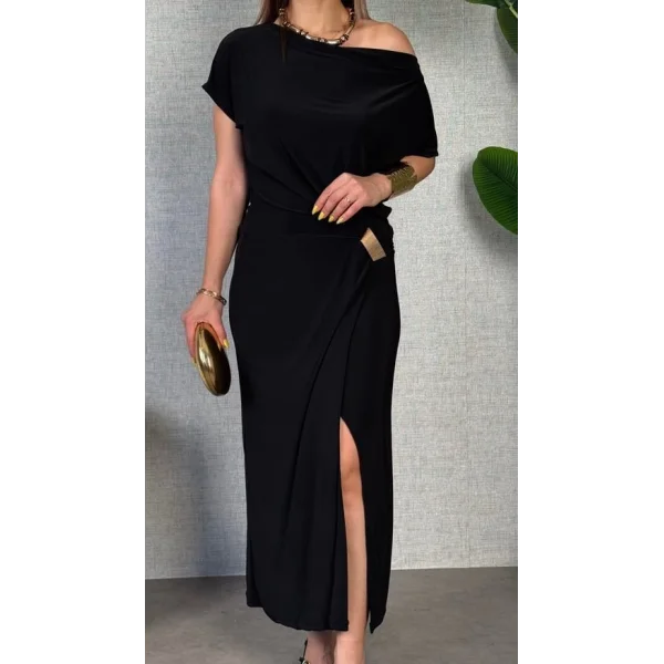 Kadın Kısa Kollu Tek Omuzdan Açık Beli Lastikli Sandy Maxi Elbise