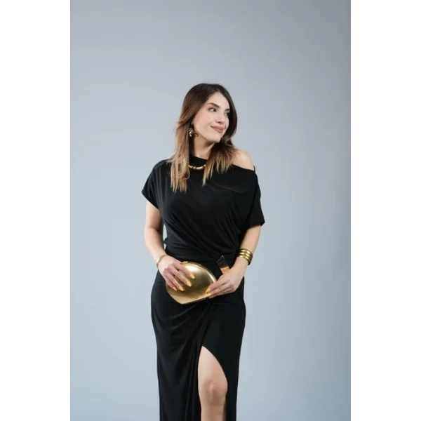 Kadın Kısa Kollu Tek Omuzdan Açık Beli Lastikli Sandy Maxi Elbise