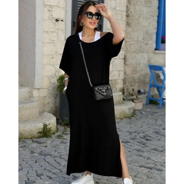 Kadın Kısa Kollu Tek Omuzu Açık Atletli Salaş Viskon Elbise