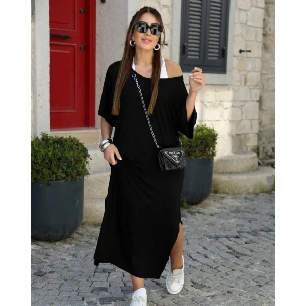 Kadın Kısa Kollu Tek Omuzu Açık Atletli Salaş Viskon Elbise