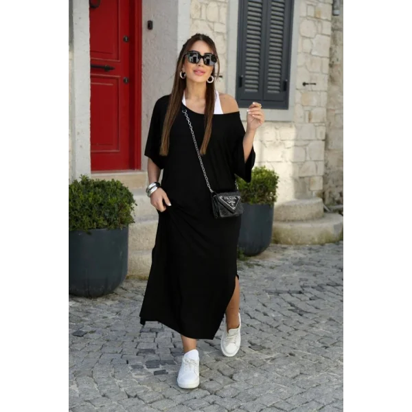 Kadın Kısa Kollu Tek Omuzu Açık Atletli Salaş Viskon Elbise