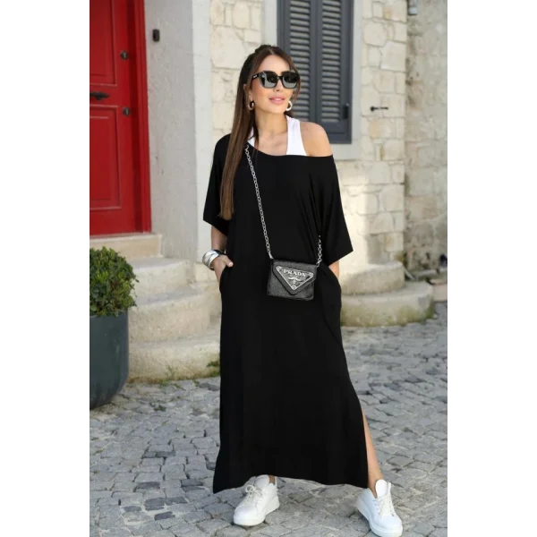 Kadın Kısa Kollu Tek Omuzu Açık Atletli Salaş Viskon Elbise