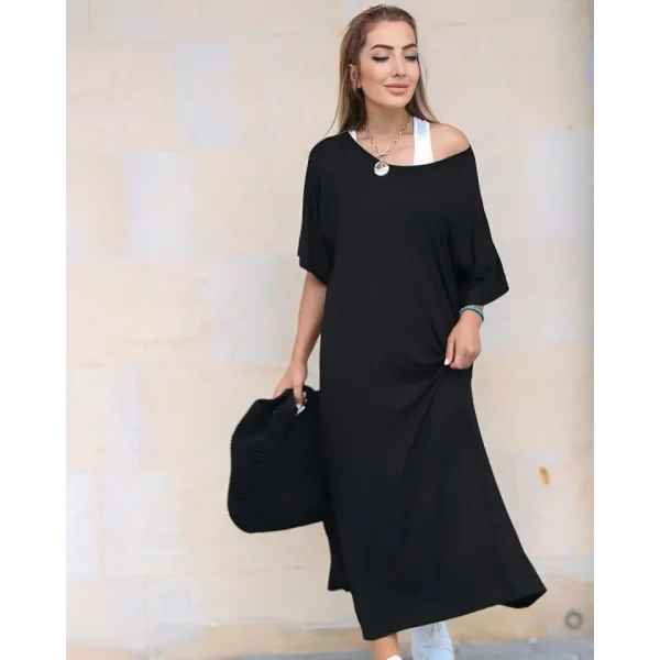 Kadın Kısa Kollu Tek Omuzu Açık Atletli Salaş Viskon Elbise