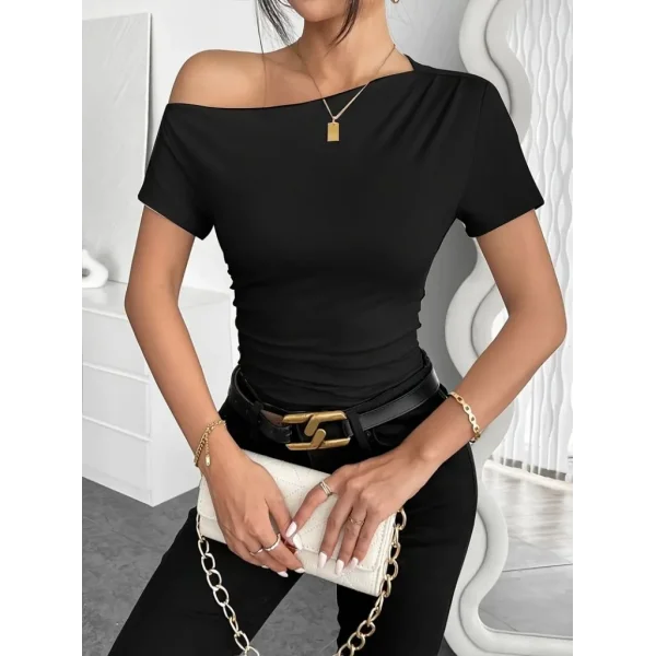 Kadın Kısa Kollu Tek Omuzu Açık Büzgülü Viskon Bluz