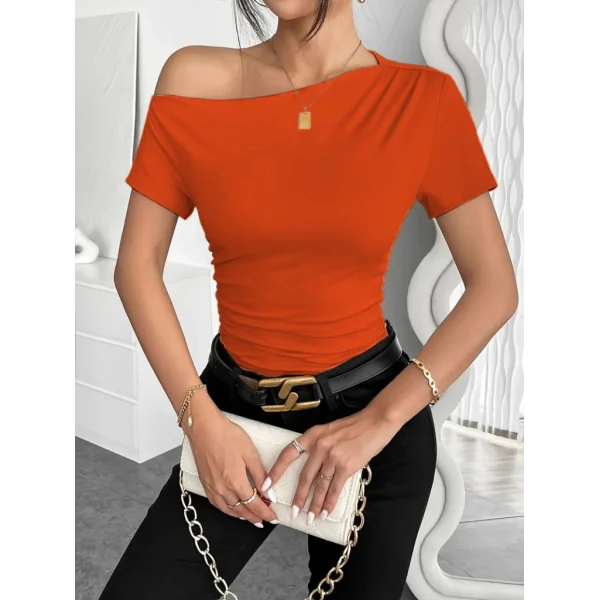 Kadın Kısa Kollu Tek Omuzu Açık Büzgülü Viskon Bluz