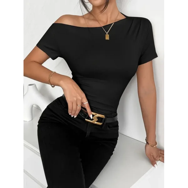 Kadın Kısa Kollu Tek Omuzu Açık Büzgülü Viskon Bluz