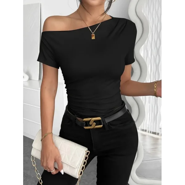 Kadın Kısa Kollu Tek Omuzu Açık Büzgülü Viskon Bluz