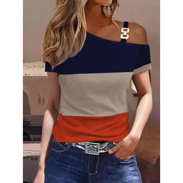 Kadın Kısa Kollu Tek Omuzu Açık Toka Detaylı çok Renkli Viskon Bluz