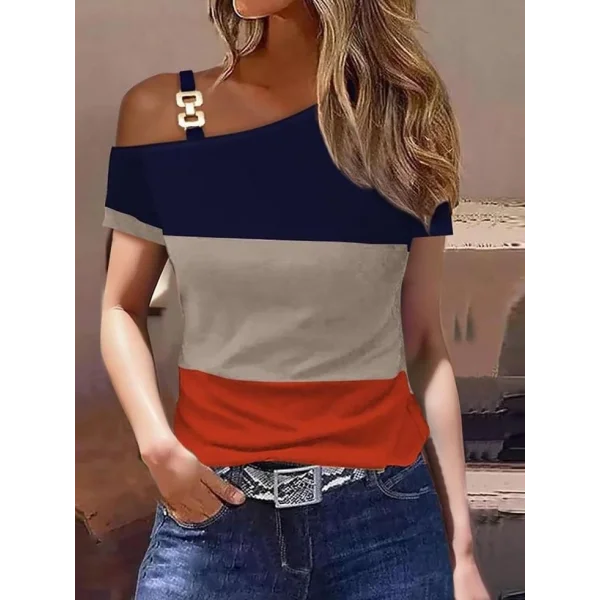 Kadın Kısa Kollu Tek Omuzu Açık Toka Detaylı çok Renkli Viskon Bluz