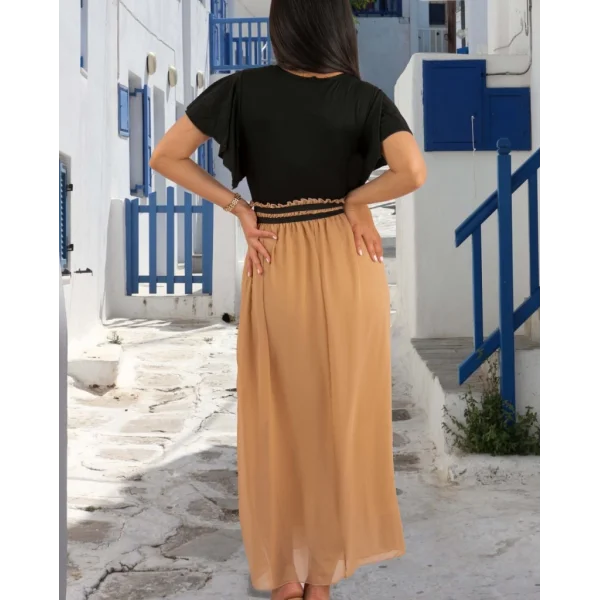 Kadın Kısa Kollu üst Viskon Alt Astarlı şifon Beli Lastikli Elbise