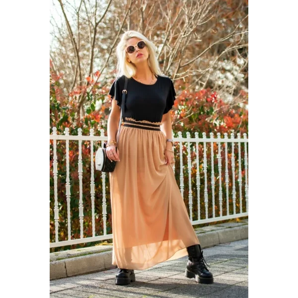 Kadın Kısa Kollu üst Viskon Alt Astarlı şifon Beli Lastikli Elbise