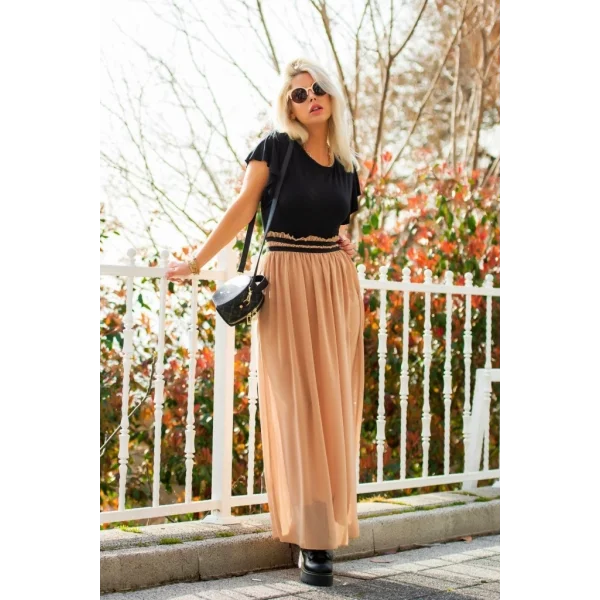 Kadın Kısa Kollu üst Viskon Alt Astarlı şifon Beli Lastikli Elbise