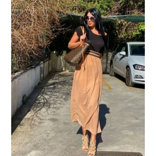 Kadın Kısa Kollu üst Viskon Alt Astarlı şifon Beli Lastikli Elbise