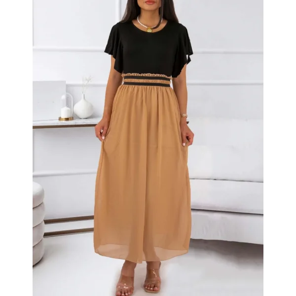 Kadın Kısa Kollu üst Viskon Alt Astarlı şifon Beli Lastikli Elbise