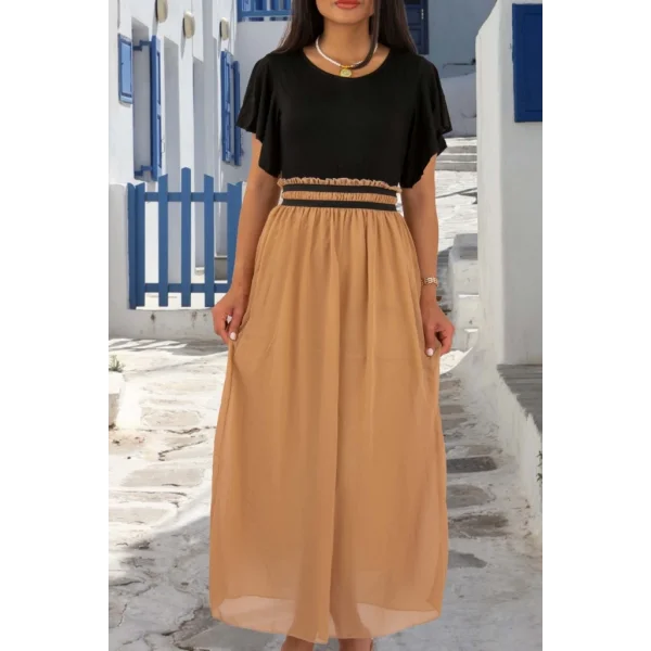 Kadın Kısa Kollu üst Viskon Alt Astarlı şifon Beli Lastikli Elbise